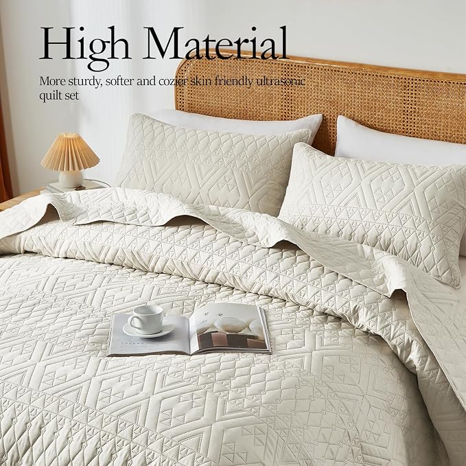 akkialla Twin Quilt Set, Boho Style in a Solid Color, Cream Lightweight - Image 3