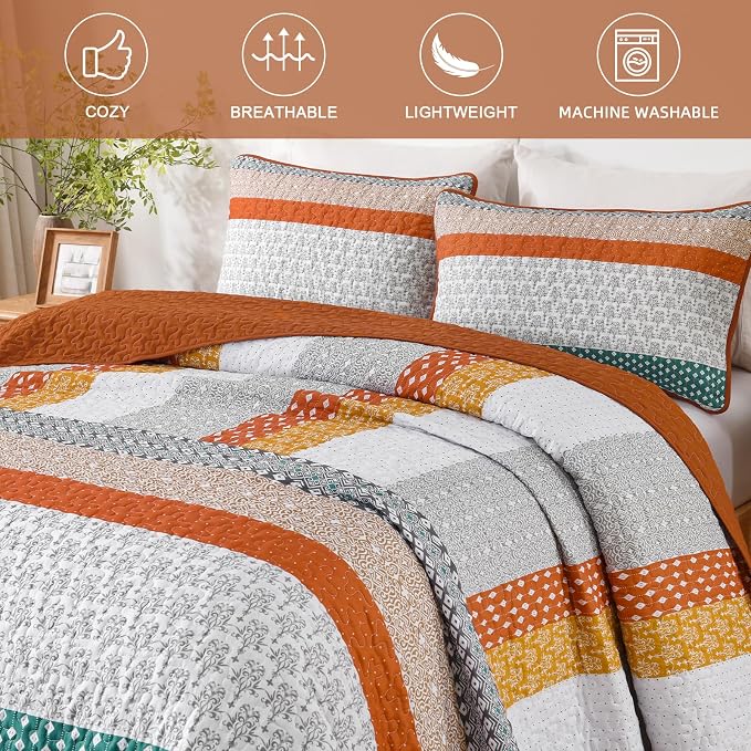 WONGS BEDDING Stripe Quilt Set 3 Pieces Bohemian Stripe Bedspread Sets - Image 4
