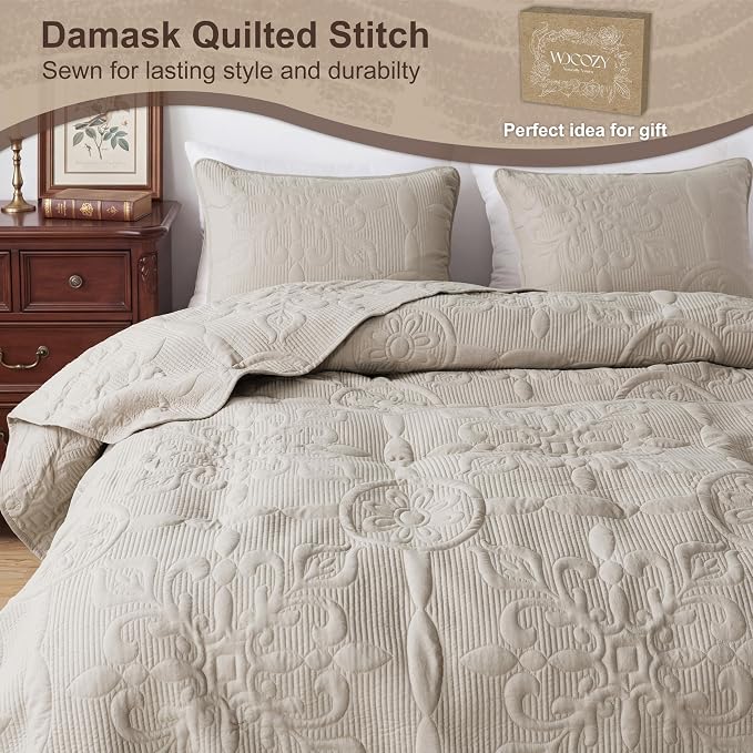 B2EVER Beige Damask Quilt King Size Bedding Sets - Image 4