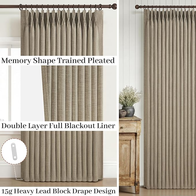 Pinch Pleated Oak Taupe Curtains 90 Inches Long - Image 4