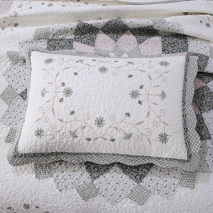 ROOMLIFE Quilt Set King Size 3D Floral Embroidery Pattern 3-Piece Cotton | - Image 5