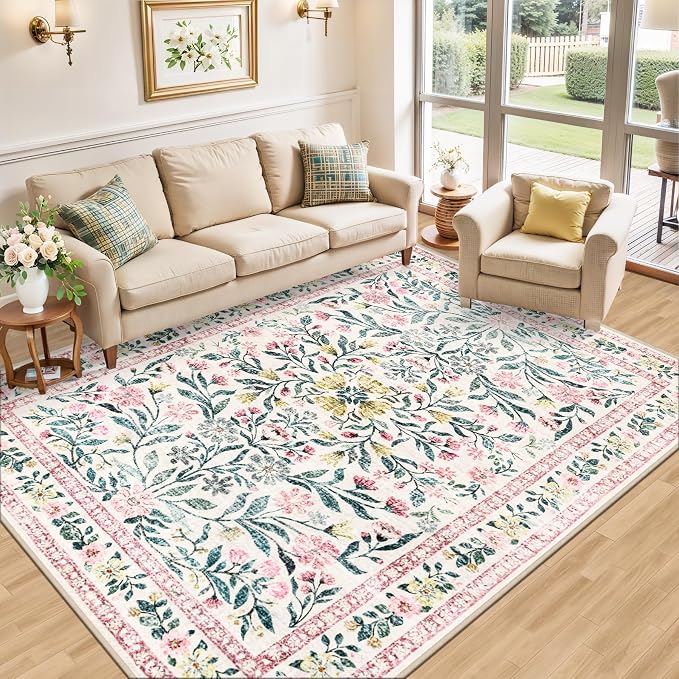 PLHXFR 6x9 Area Rug Living Room: Floral Washable Boho Carpet Pink Green | - Image 10