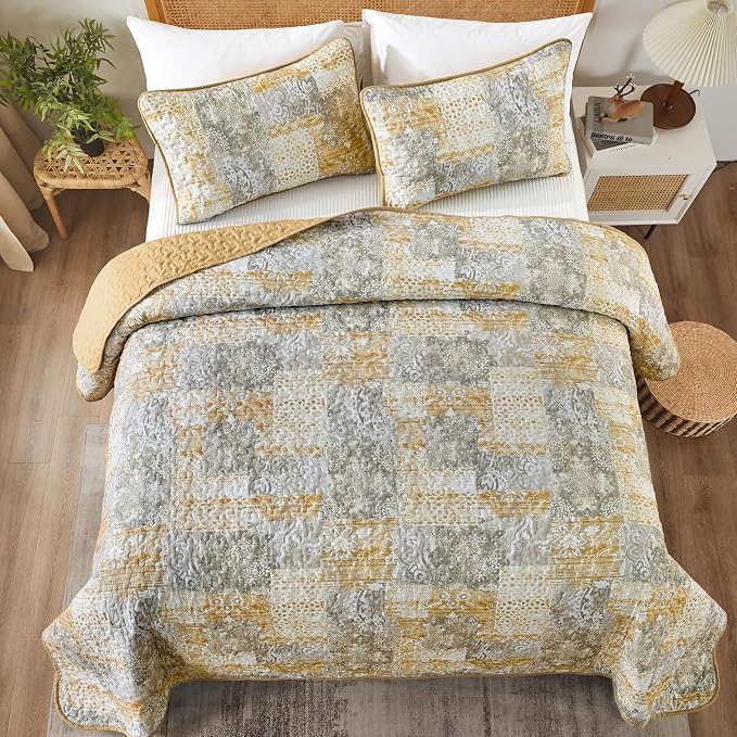 Mybedsoul Yellow Boho Quilt Set Queen Size 3 Pieces Grey and Yellow Plaid - Image 2