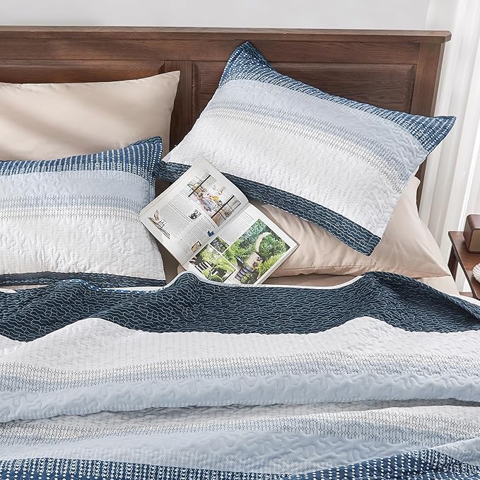 Navy Blue Quilt Twin, 2 Pieces Patchwork Striped Bedspread Set | Striped Quilt - Image 2