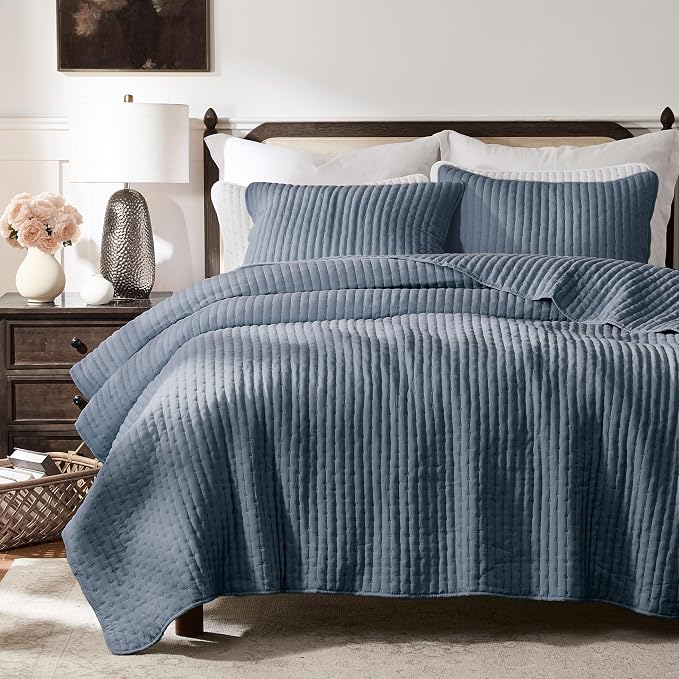 WDCOZY Blue Cross Stitch Twin Size Quilt Set, Striped Lightweight Soft Bedspread by WDCOZY