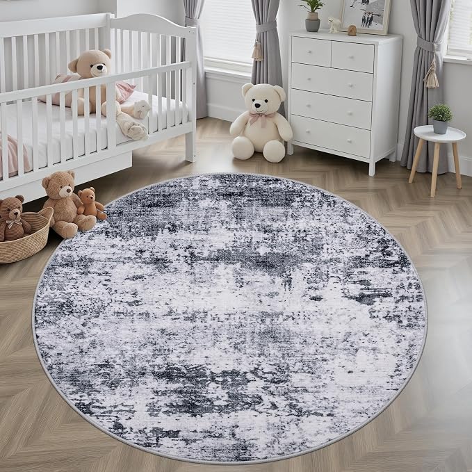 Round Area Rug Living Room: 5 ft Modern Washable Carpet Grey | - Image 3
