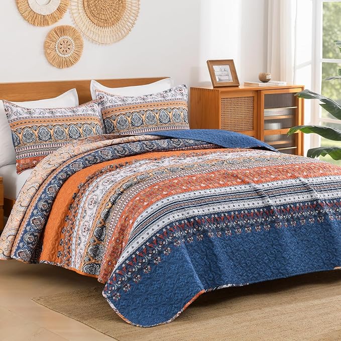 Blue Orange King Size Quilt Set, 3 Pieces Boho Striped Bedspread | Soft - Image 2