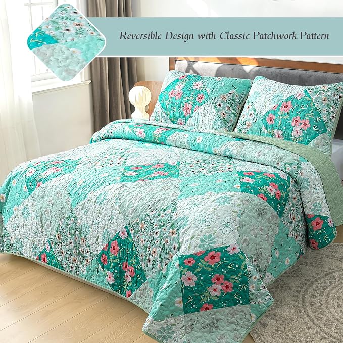 Whale Flotilla California King Size Quilt Set, Extra Soft Floral Bedspreads | - Image 2