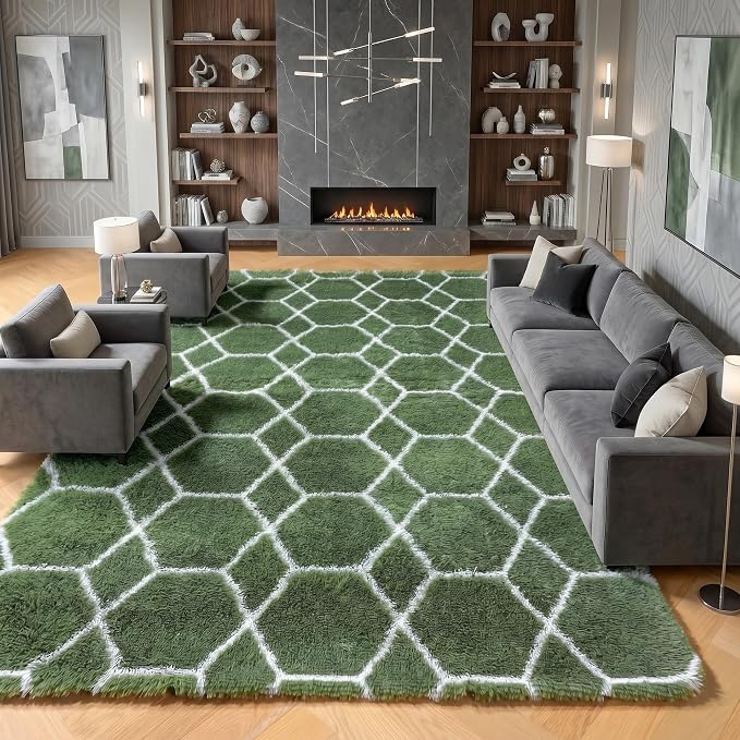 6x9 Area Rugs for Living Room Bedroom, Large Fluffy Olive Green and White Throw by ONASAR