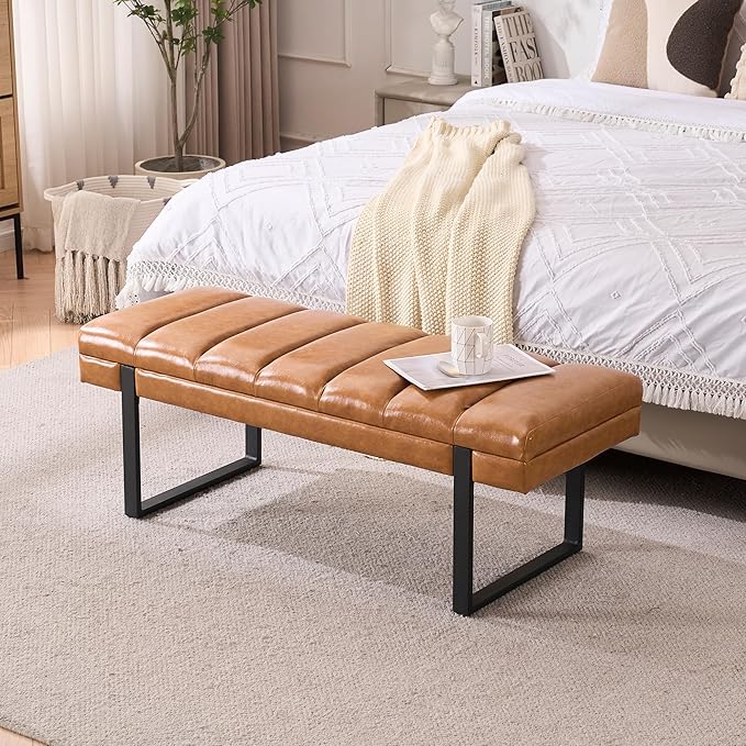 46" Faux Leather Bench for Bedroom End of Bed Window, Camel Brown | Tufted - Image 3