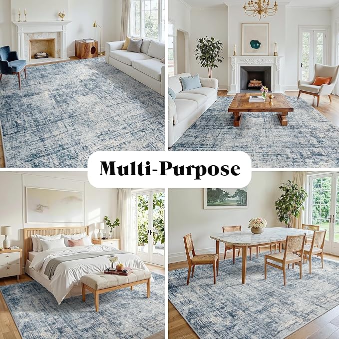 10x14 Washable Area Rug for Living Room Bedroom: Non-Slip Modern Blue Gold | - Image 3