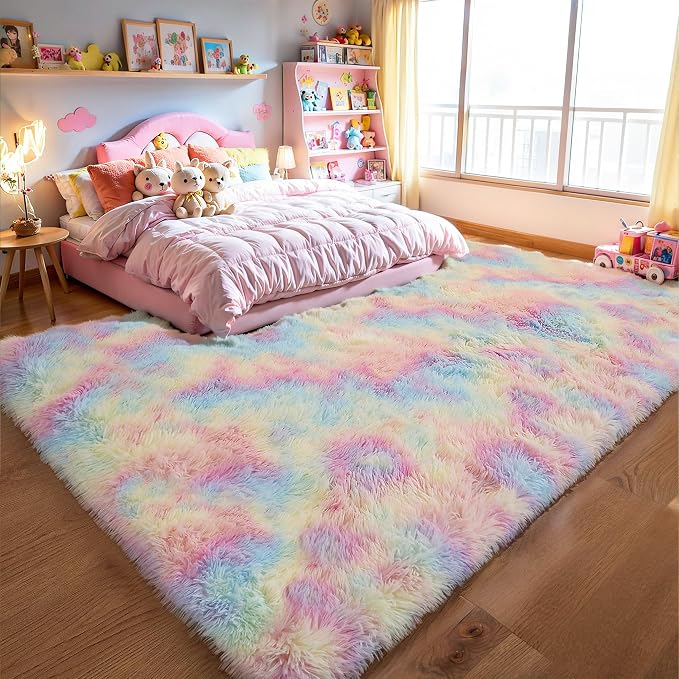 Fluffy Rainbow Large Area Rug 8x10, Soft Washable Shag Carpet | Cute plush - Image 7