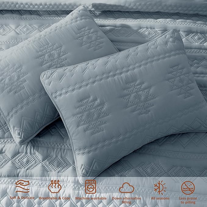 WDCOZY Boho Blue Grey Quilts Queen Size Bedding Sets - Image 4