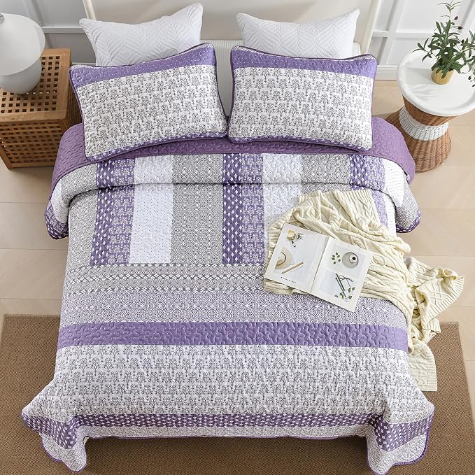 WONGS BEDDING Purple King Quilt Bedding Set, Bohemian Stripe Bedspread | - Image 3