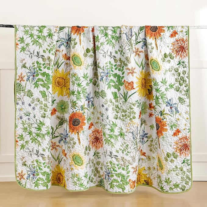 Yiran Sage Green Full Size Quilt, Sunflower Floral Bedspread Bedding Set | 3 - Image 8