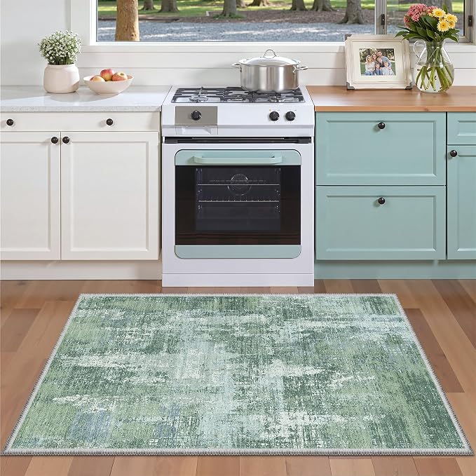4x6 Area Rug, Abstract Small Washable Bedroom Rug, Sage Green | Soft & - Image 4