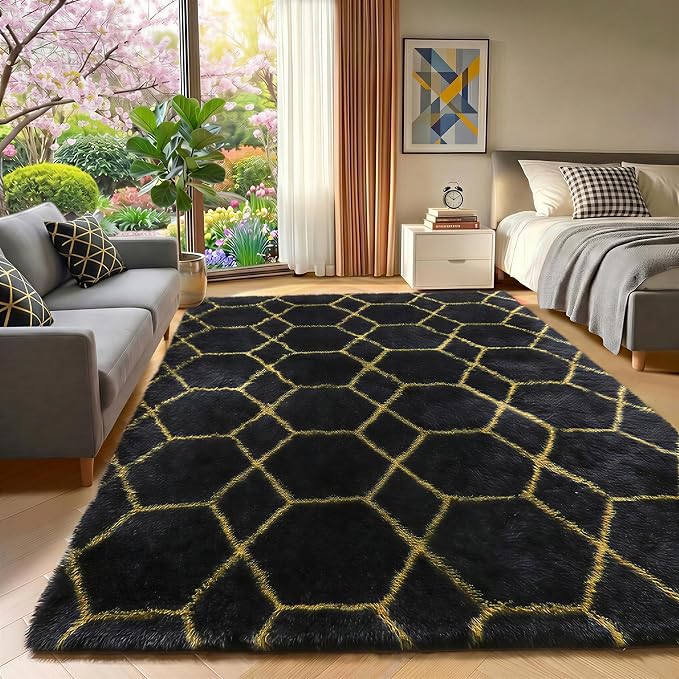 Area Rugs for Bedroom Living Room, 4x6 Fluffy Black and Gold Throw Rug - Image 6