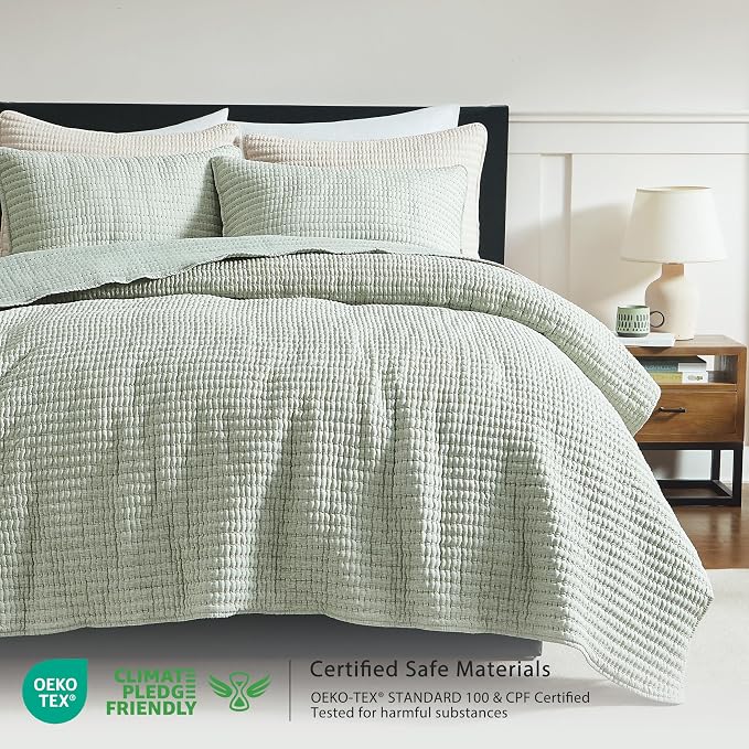 Sage Green Pick Stitch Oversized King Size Quilt Set, California King Striped - Image 2