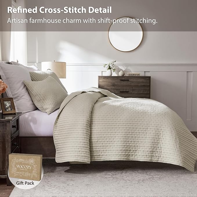 WDCOZY Beige Cross Stitch King Size Quilt Set, Netural Striped Lightweight Soft - Image 3