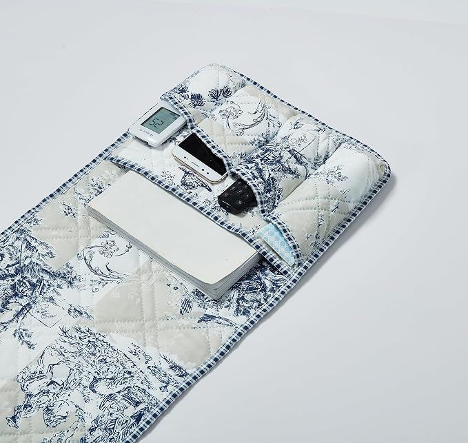 Brilliant Sunshine Blue & Beige Toile Couch Armrest Cover, Armrest Organizer & - Image 4