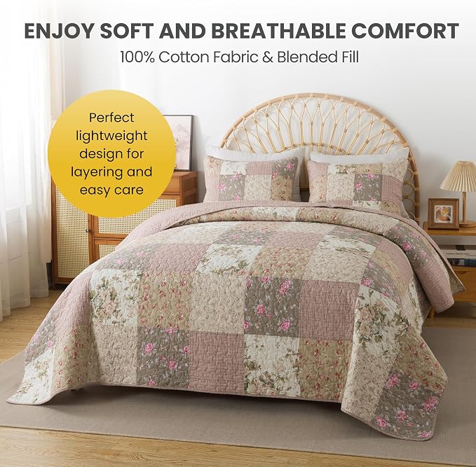 SLPR - Secret Garden Pink Patchwork Cotton Quilt Set, Queen - Image 3