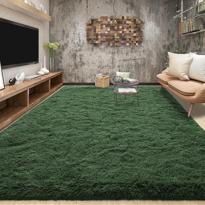 Fluffy Dark Green Rugs for Living Room Bedroom, 9x12 Soft Area Rug Forest by Tepook