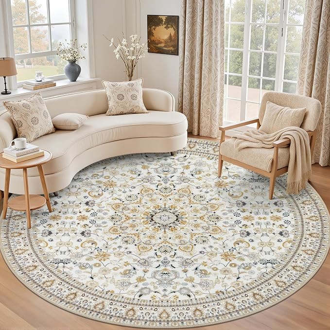 Round Area Rug for Living Room: 6ft Washable Rug for Bedroom Beige | Vintage by EXPEDIX