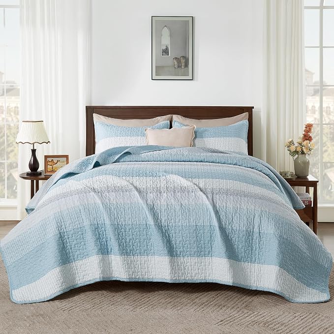California King Quilt Set Aqua Blue, 3 Pieces Bedspreads | Ultra Soft - Image 9