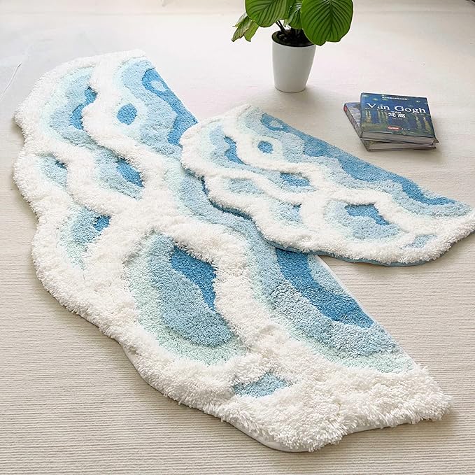 Soft Shag 3D Stereo Wave Moss Bedside Rug 20"×36" Cute Navy Blue Runner Rug Non - Image 4