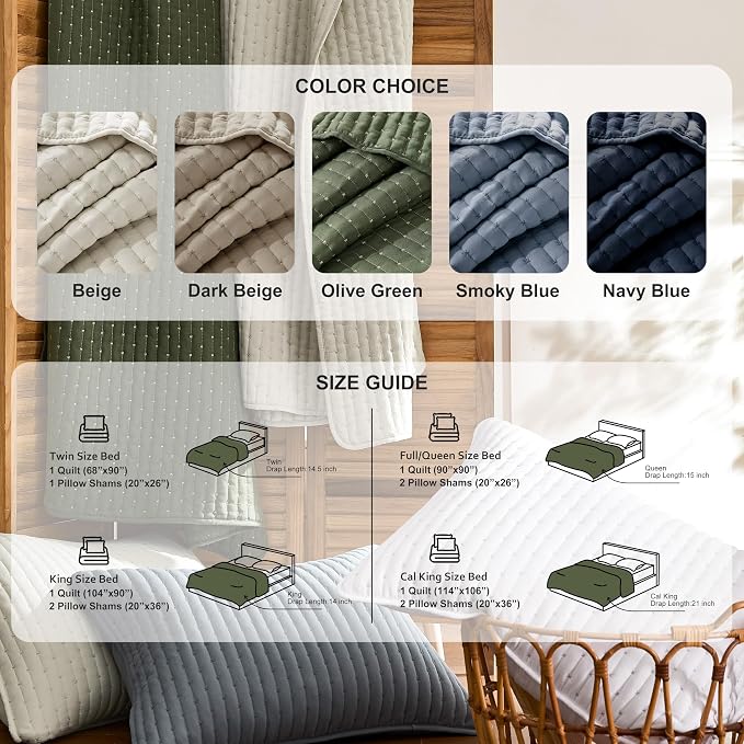 WDCOZY Dark Beige Cross Stitch Twin Size Quilt Set, Striped Lightweight Soft - Image 8
