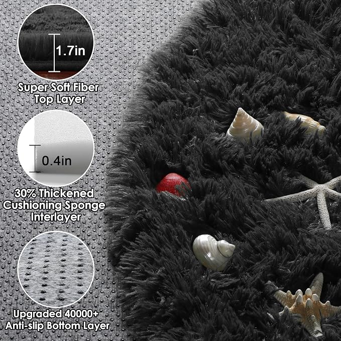 Black Round Rugs 7ft for Living Room, Fluffy Bedroom Circle Area Rug, Soft - Image 2