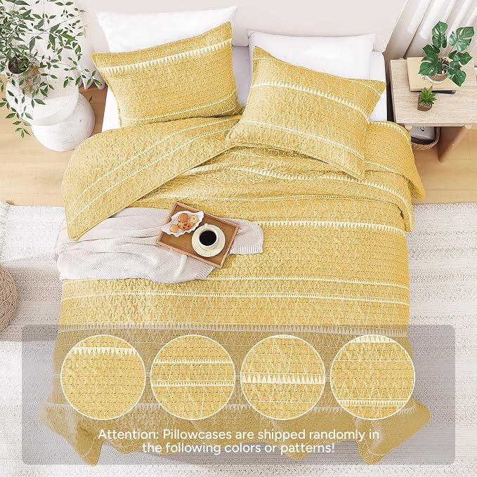 Yellow King Size Quilt Set, 3 Pieces Boho Striped Bedspread | Soft Lightweight - Image 3