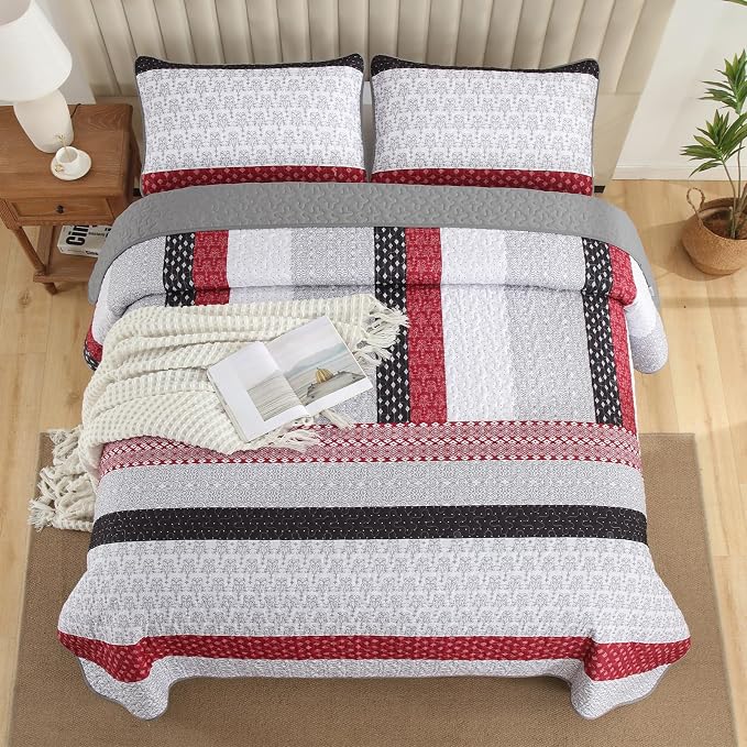 WONGS BEDDING Stripe Quilt Set King, Breathable All-Season Coverlet - Image 3