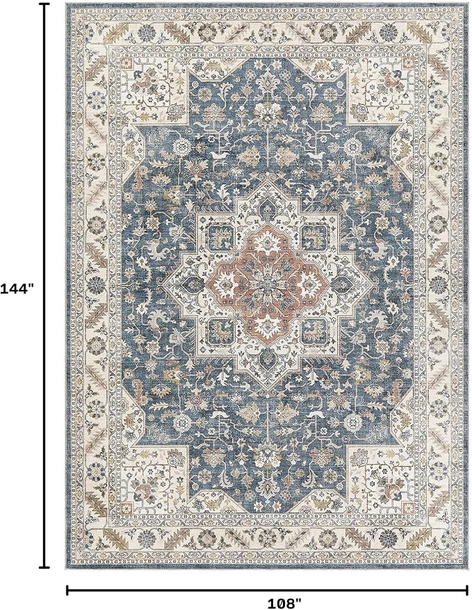 cotiled 9x12 Area Rug for Living Room, Traditional, Vintage Blue | Soft - Image 2
