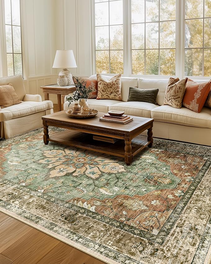 RELEANY Washable Area Rug, Brick/Brown/Green | Non-Slip, Water Repellent by RELEANY