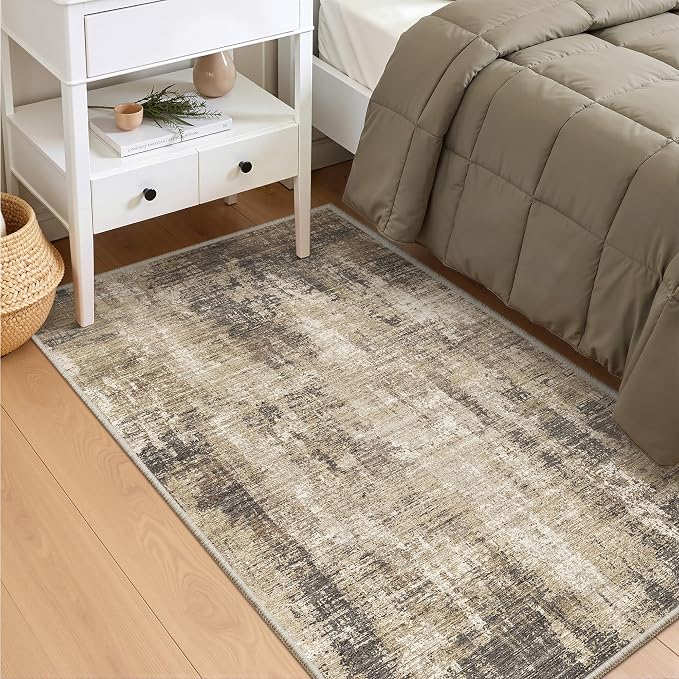 4x6 Area Rug for Entryway, Abstract Washable Bedroom Rug, Taupe | Soft & - Image 3