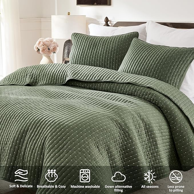 WDCOZY Olive Green Cross Stitch Queen Size Quilt Set, Striped Lightweight Soft - Image 4