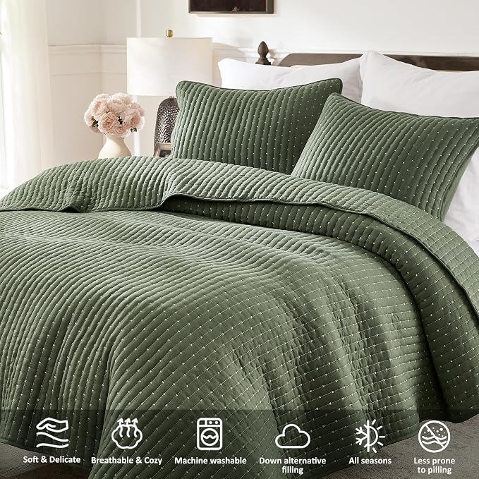 WDCOZY Olive Green Cross Stitch King Size Quilt Set, Striped Lightweight Soft - Image 4