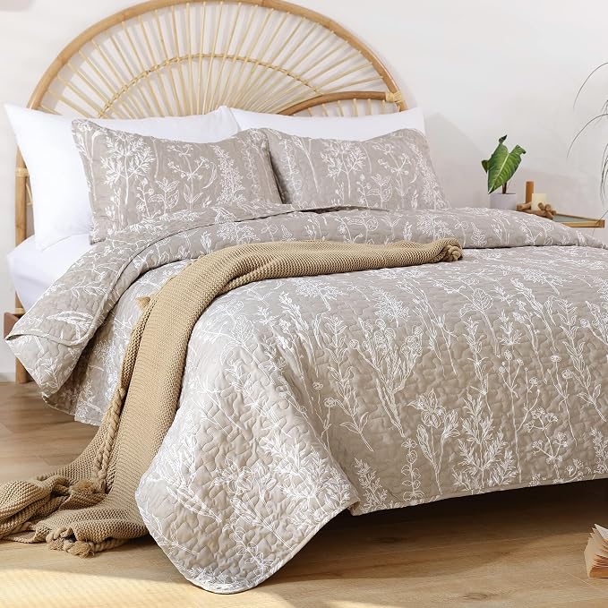 JANZAA Quilt King Size, Oatmeal Quilt Floral Bedspread 3Pcs Boho Bedding Set - Image 4