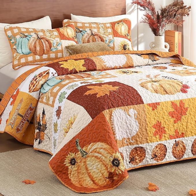 WONGS BEDDING Fall Thanksgiving King Quilt, Pumpkin Maple Leaves Bedspread | - Image 3