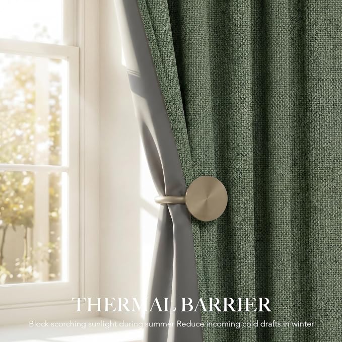 RYB HOME Olive Green 100% Blackout Linen Curtains 96 Inch Long - Image 5