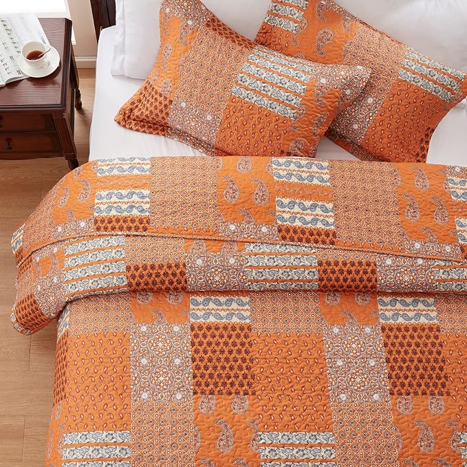 2 Pieces Twin Size Quilt Set Burnt Orange Rust Paisley Bedspread Coverlet - Image 5