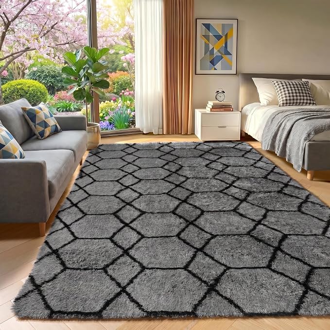 7x9 Area Rugs for Living Room Bedroom, Large Fluffy Grey and Black Throw Rug - Image 6