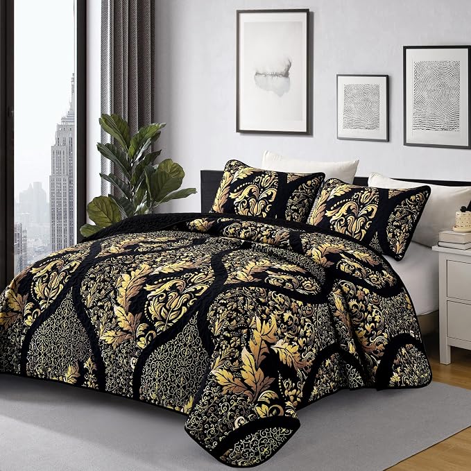 DJY Black Quilt Set Queen Size, Boho Gold Damask Bedspread Coverlet 3Pcs | Soft - Image 2