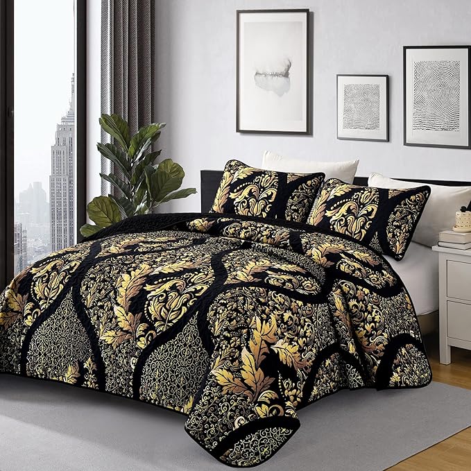 DJY Black Quilt Set California King Size 3Pcs, Boho Gold Damask Bedspread | - Image 2