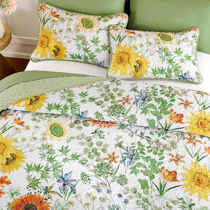 Yiran Floral King Quilt Bedding Set, Sage Green Sunflower Bedspreads | 3 Pieces - Image 3