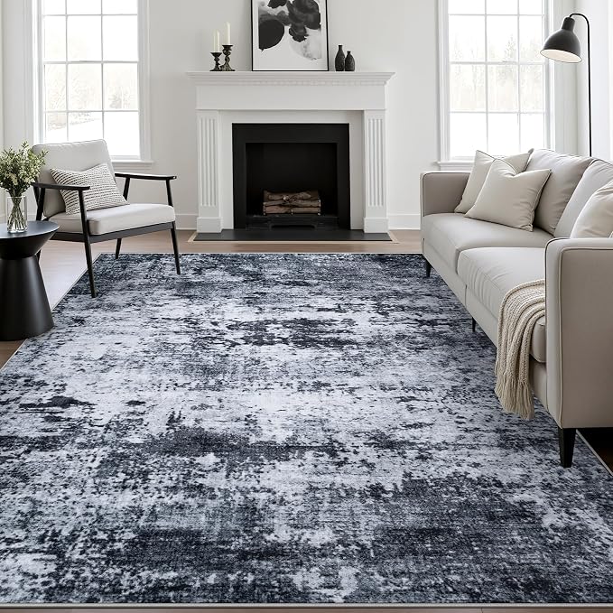 8x10 Area Rug Living Room: Modern Washable Indoor Carpet Black | by FXRHLP