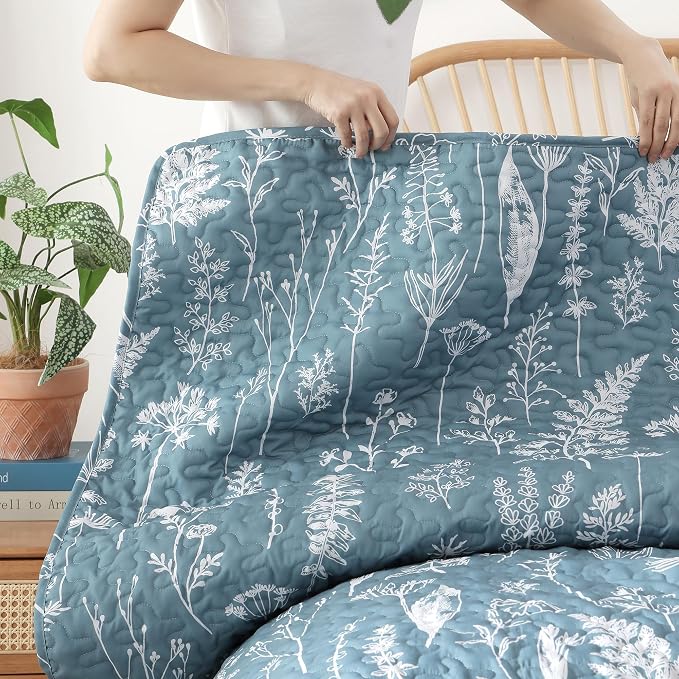 JANZAA Quilt King Size, Mineral Blue Bedspread Floral Bedding Set 3 Pieces | - Image 6