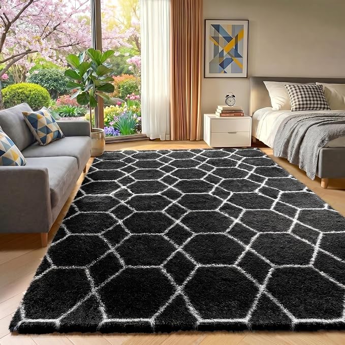 5x7 Area Rugs for Living Room Bedroom, Fluffy Black and White Rug, Geometric - Image 5