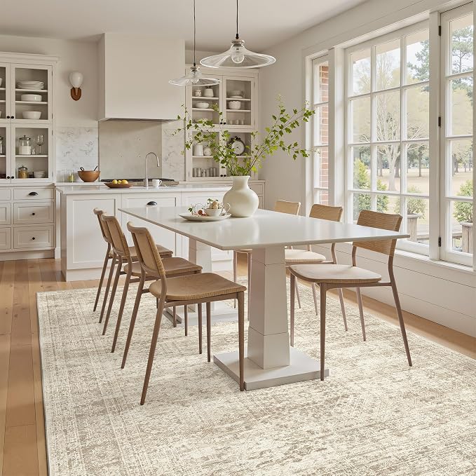 Soalmost 5x7 Area Rugs Beige Low Pile Washable Trendy Faded Style Rug | Vintage - Image 8